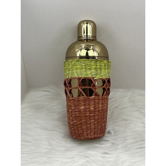 Anthropologie Tamra Cocktail Shaker Raffia Cover Stainless Steel Strainer Lid - Picture 1 of 14